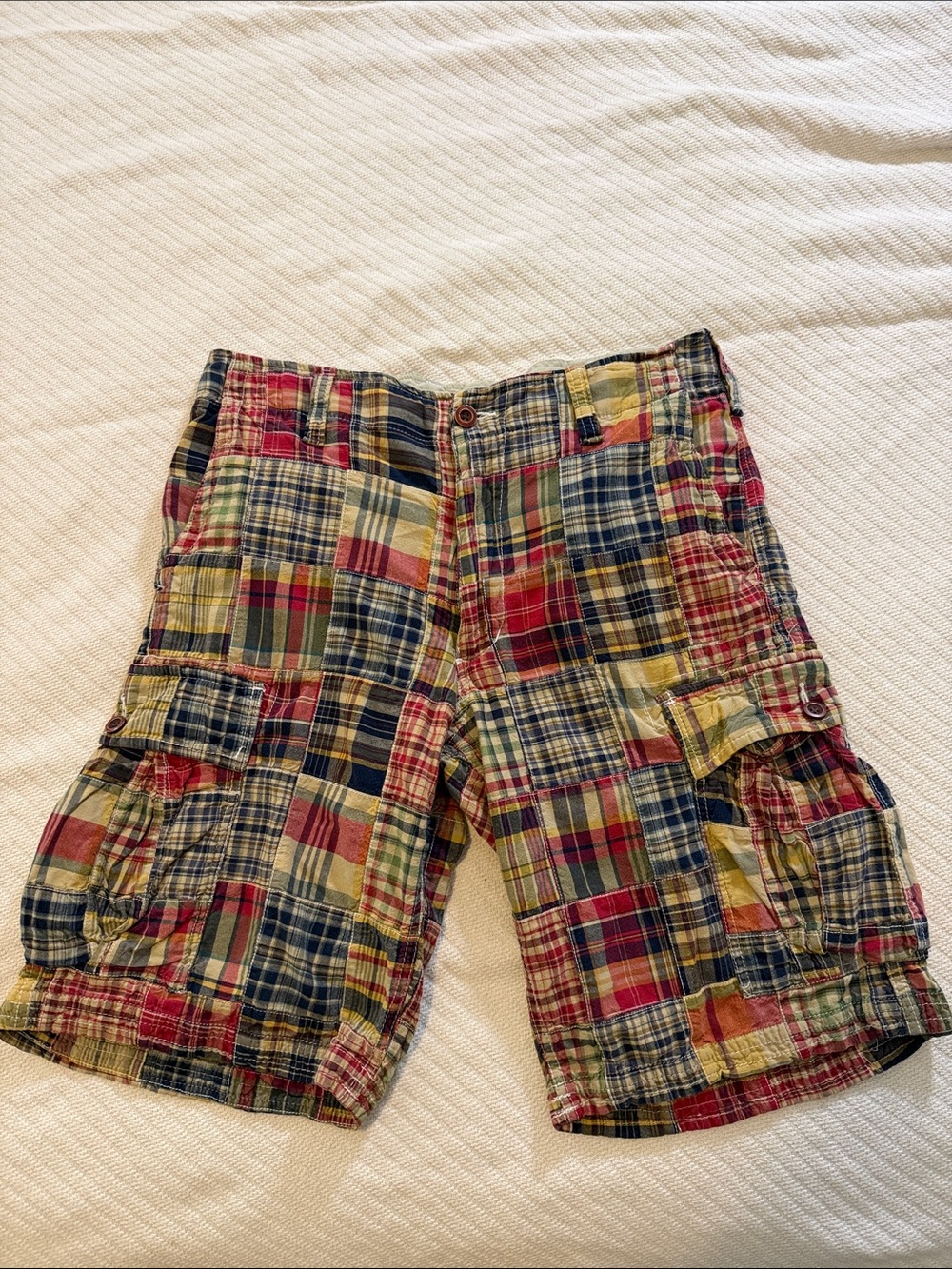 GAP Patchwork Plaid Cargo Shorts in Red, Blue, Yellow, Green